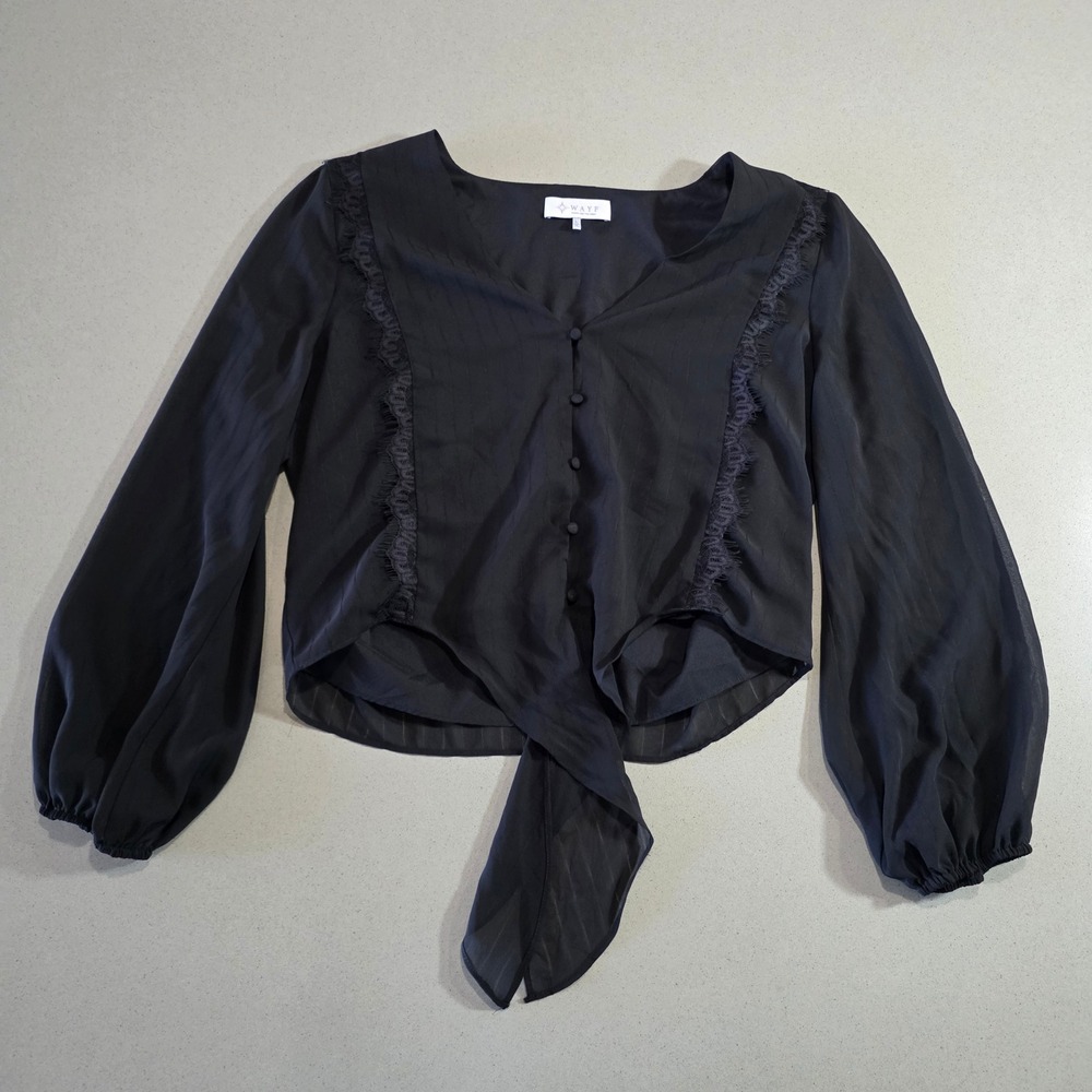 WAYF Black Lace Trim Tie Front Button Blouse Long Sleeve V-Neck Size Large